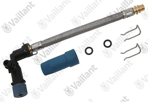 Vaillant Ventil mit Flexschlauch, Kunststoffteilen und O-Ringen, zur Verwendung in Heizungsanlagen oder ähnlichen Anwendungen.